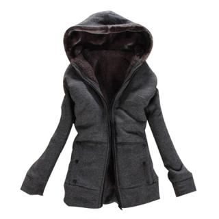 Laconic Hooded Zipper Design Solid Color Long Sleeve Thicken Slimming Fleece Women's Coat 