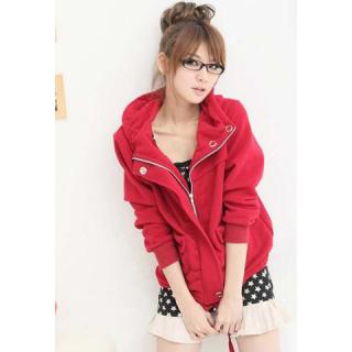 Preppy Style Zipper Design Bottom Drawstring Solid Color Hooded Long Sleeve Fleece Hoodie 