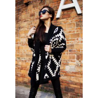 Modern Style Abstract Pattern Batwing Sleeve Knit Women's Cardigan