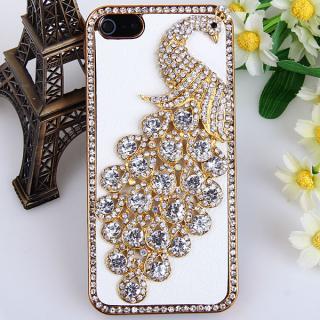 Delicate Shining Rhinestones 3D Peacock Design Leather Hard Case Cover for iPhone 5 (White)
