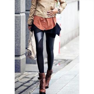 Stylish PU Leather Splicing Skinny High Elasticity Cotton Blend Women's Legging