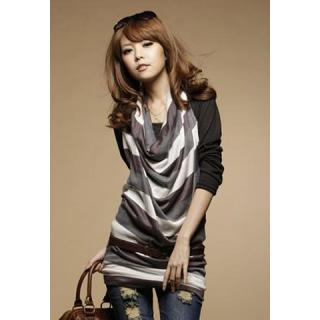Stylish Scoop Neck Long Sleeves With Halter Stripes Waistcoat Twinset Cotton Blend Women's T-Shirt