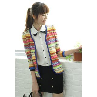 Ethnic Style Collarless Embroidery Design Colorful Wavy Stripe Pattern Long Sleeve Slimming Knit Women's Cardigan 