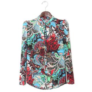 Retro Style Ethnic Flowers Stand Collar Long Sleeve Chiffon Women's Shirt