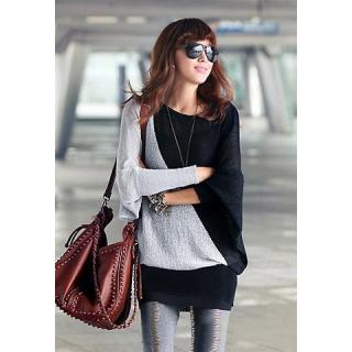 Modern Style Splicing Color Over Hip Batwing Wool Blend Women's Long T-Shirt