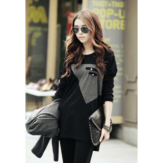 Fashionable Plus Size Color Splicing Long Sleeve Cotton Women's T-Shirt