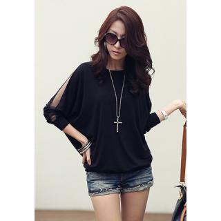 Casual Style Black Color Voile Splicing Batwing Sleeve Cotton Women's T-Shirt