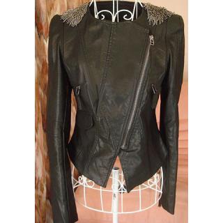 British Style Lapel Long Sleeves Zipper Design Epaulette Tassel Embellished Black PU Leather Women's Jacket