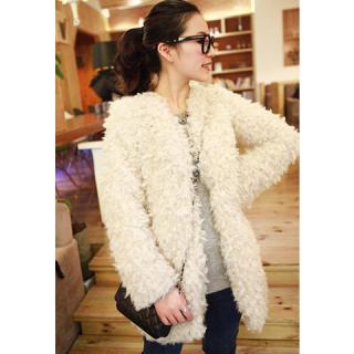 Luxury Scoop Neck Fluffy Long Sleeves Solid Color Loose Fit Woolen Blend Women's Thicken Cardigan