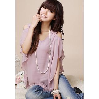 Casual Style Scoop Neck Short Sleeves Irregular Hem Design Women's Faux Twinset Chiffon T-Shirt