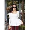 Stunning Low-Cut Solid Color Long Sleeves Shrug Style Flounce Hem Cotton Blend Women's Blouse