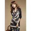 Stylish Scoop Neck Long Sleeves With Halter Stripes Waistcoat Twinset Cotton Blend Women's T-Shirt