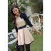 Preppy Style Scoop Neck 3/4 Sleeves Color Match Flounce Decorated Shoulder Fitted Cotton Blend Women's Dress