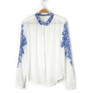 Retro Style Blue And White Porcelain Print Chiffon Women's Shirt