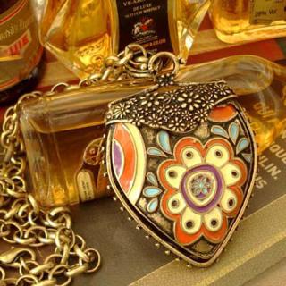 Retro Style Flower Engraved Heart Pendant Women's Sweater Chain Necklace