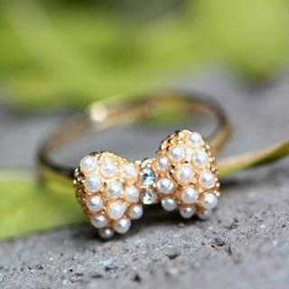 Sweet Faux Pearl+Rhinestone Embellished Bowknot Shape Women's Ring