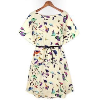 Refreshing With Belt Graffiti Bird Printing Chiffon Women's Dress
