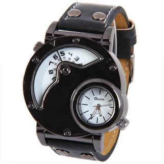 Oulm Men's Quartz Cool Military Wrist Watch Dual Movt Round Shaped Leather Band - Black