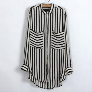 Trendy Shirt Neck Stripe Print Large Pocket Design Long Sleeve Plus Size Women's Spring Shirt 