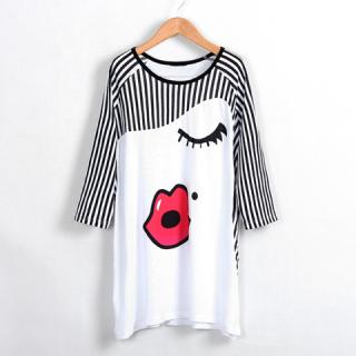 Stylish Lips printing Stripe Blocking Color Women's T-Shirt