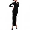 Old Fashion Stand Neck Long Sleeves Solid Black Off-The-Shoulder Cotton Blend Women's Maxi Dress