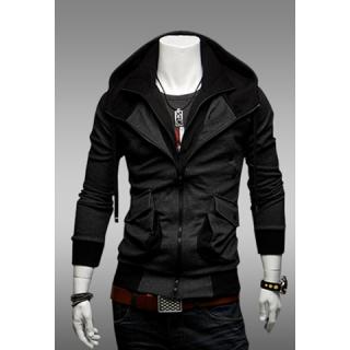 Handsome Solid Large Pockets Double-Zip Design Polyester Men's Hooded Spring Sweater
