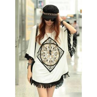 Loose-Fit Stylish Tassel Hem Batwing Sleeve Women's Spring T-Shirt