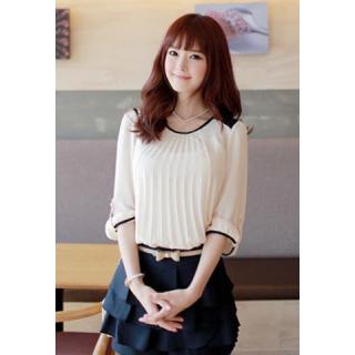Charming Round Neck Ruffle Design Color Block Loose Fit Women's Spring Blouse 