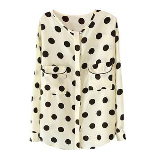 Western Style Polka Dot Print Large Pocket Design Loose Fit Women's Chiffon Shirt