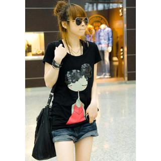 Cute Sequin Embellished And Girl Print Cotton Blend Women's T-Shirt