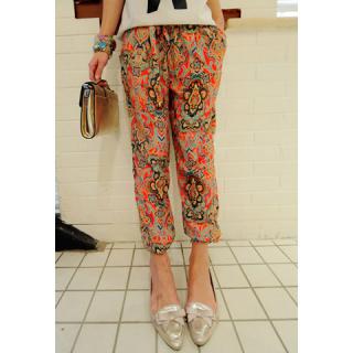 Slimming National Wind Flower Printing Elastic Waist Cotton Blend Women's Harem Pants