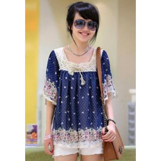 Preppy Style Tiny Polka Dot Lace Hem Loose Fit Women's Chiffon Blouse 