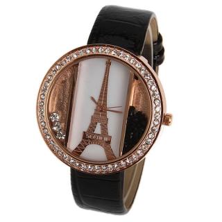 Selden Quartz Watch with Tower Patterned Round Dial Leather Watch Band for Women - Black