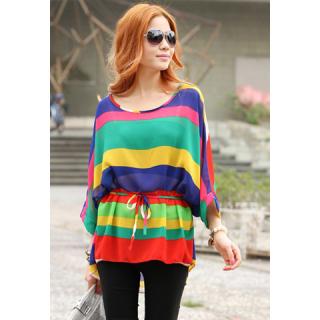 Fashion Style Iridescence Stripe Print Batwing Sleeve Loose Fit Women's Summer Blouse 