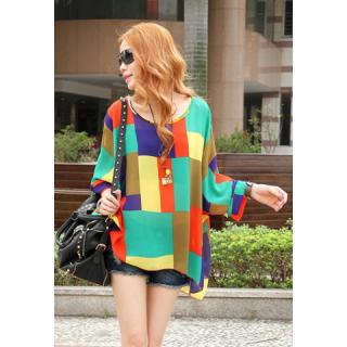 Stylish Colorful Geometric Pattern Batwing Sleeve Loose Fit Women's Summer Blouse 
