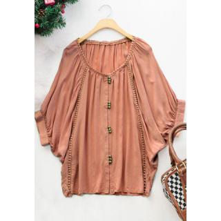 Batwing Sleeves Flounce Press Stud Solid Color Korea Style Casual Women's Blouse