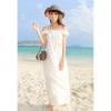 Bohemian Style Boat Neck Pure White Openwork Cotton Blend Women's Spring Maxi Dress