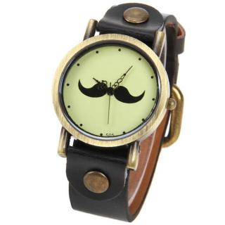 Quartz Watch with Dots Indicate Mustache Patterned Leather Watchband for Unisex - Black
