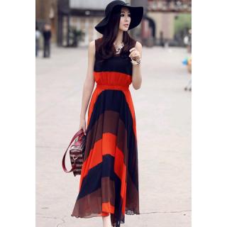 Western Style Color Block Broad Stripe Print Elastic Waist Women's Chiffon Maxi Dress 