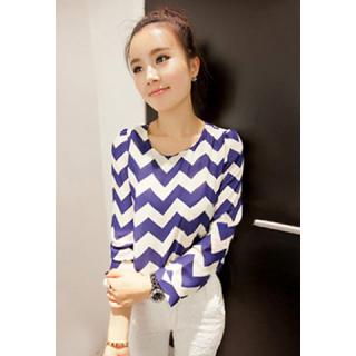 Ladylike Round Neck Wavy Stripe Print Long Sleeve Women's Chiffon Shirt