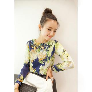 Ladylike Round Neck Mosaic Print Long Sleeve Women's Chiffon Shirt 