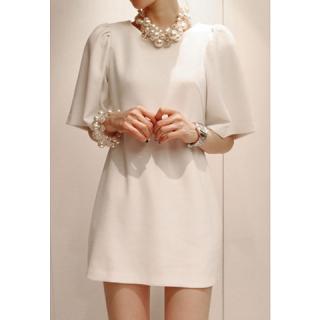Elegant Solid Color Beam Waist Puff Sleeves Dacron Women's Dress