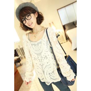 Relaxed Scoop Neck Embroidered Perspective Women's Lace Blouse