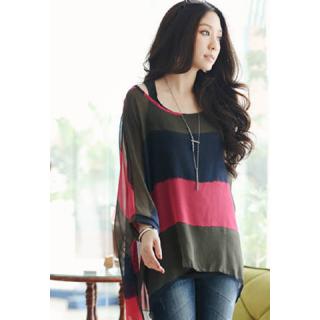Trendy Wide Stripes Batwing Sleeve Chiffon Blouse + Vest Women's Twinset