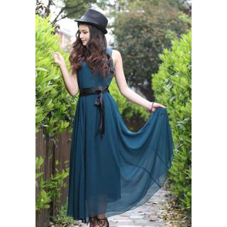 Bohemian Style Solid Color Narrow Waist Ball Gown Women's Chiffon Dress 