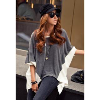 Fashion Style Color Block Splice Irregular Hem Loose Fit Women's Blouse
