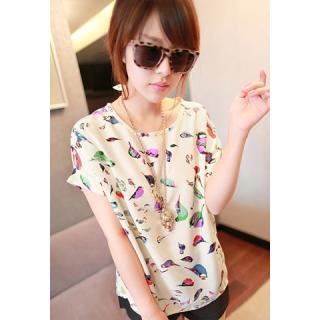 Vintage Loose Fit Birds Print Plus Size Women's Summer Shirt 