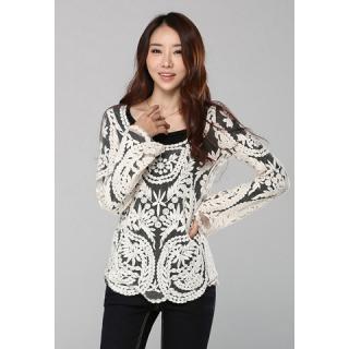 Noble Solid Color Embroidered Long Sleeved Women's Lace Blouse