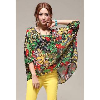Scoop Neck Bat-Wing Sleeves Retro Style Floral Print Chiffon Women's Blouse