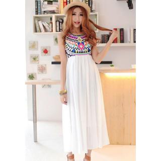 Ruffled Scoop Neck Sleeveless Special Print Bohemian Style Chiffon Women's Maxi Dress